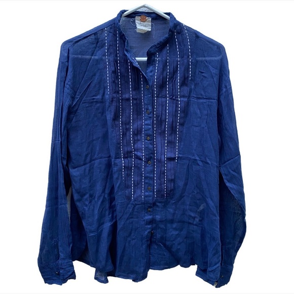 Free People One XS Navy Blue Button Front Sheer Long Sleeve Top - Picture 1 of 9